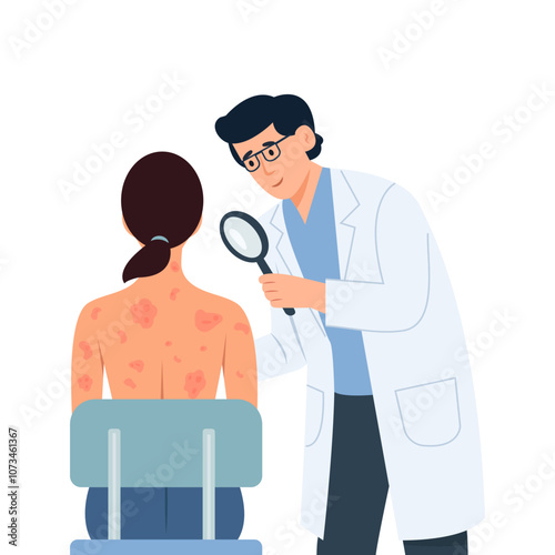 A dermatologist examines a patient with skin disease. Allergic itching, skin inflammation, redness and irritation. Skin problems.Doctor checking inflammation on patients' back. Vector Illustrtion