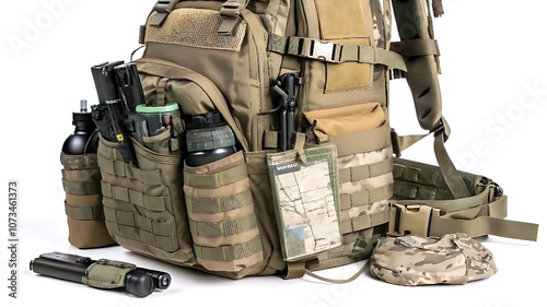 A tactical backpack equipped with essential military gear, including a map, a grenade launcher, and a canteen, ready for an outdoor mission