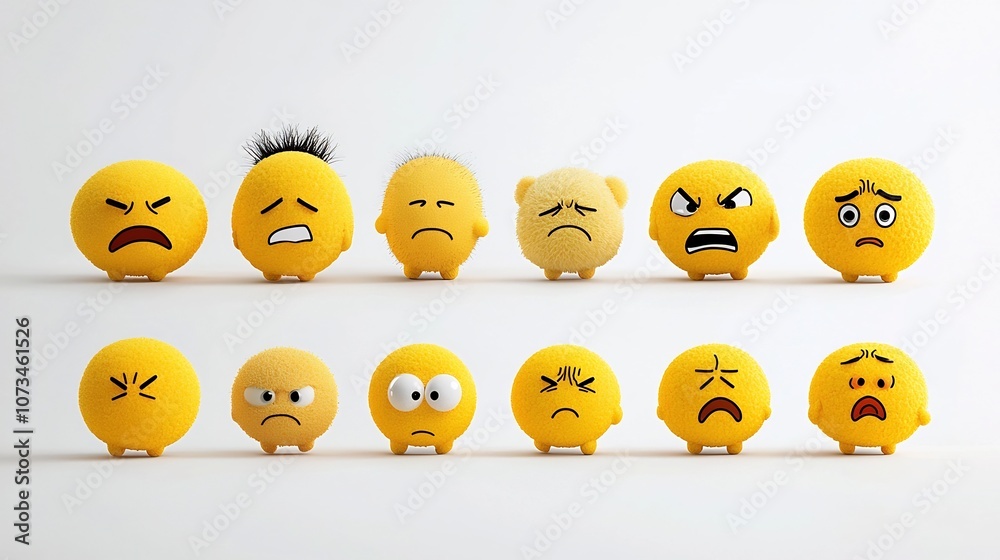 Obraz premium Collection of vibrant yellow emoji icons depicting a variety of emotions such as joy sadness surprise and anger isolated on a clean white background with a pixel perfect minimalist design