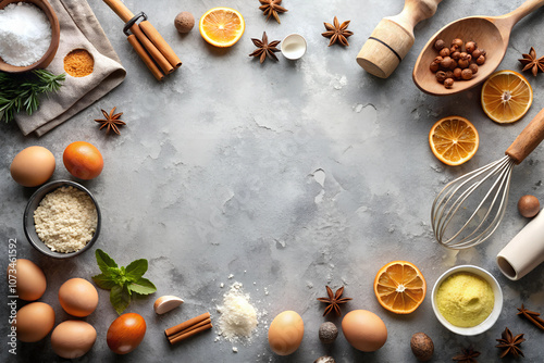 Flat layout composition, baking ingredients and kitchen utensils on a gray background. Culinary trendy background. The concept of making homemade desserts for the holiday photo