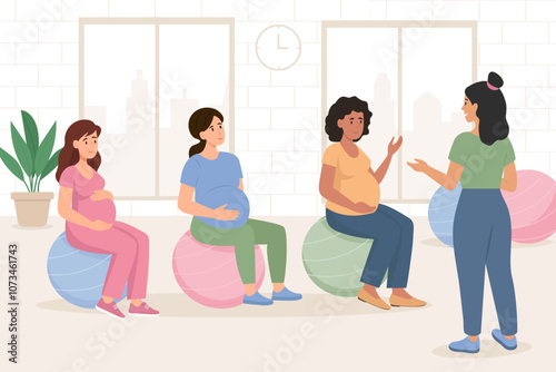 Fitness instructor with pregnant women on exercise balls. The concept of a healthy pregnancy and sports. Vector illustration