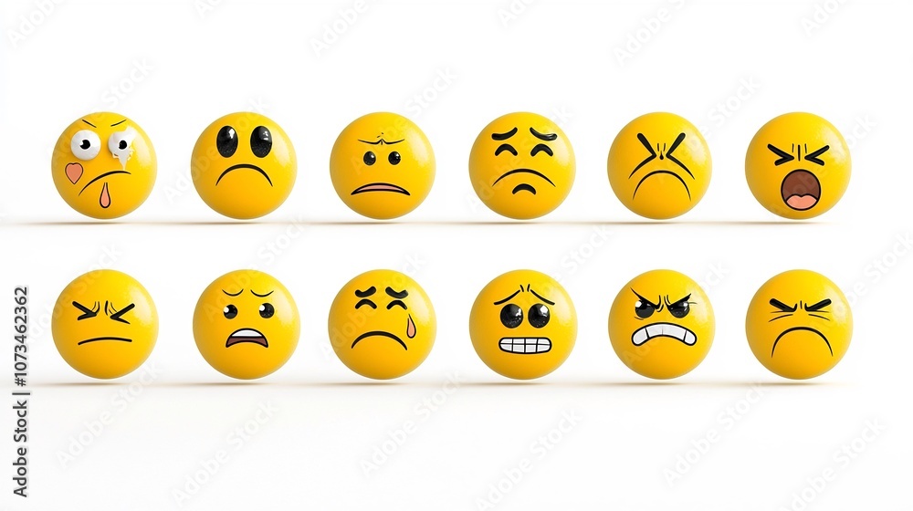 Collection of flat icons depicting a variety of vibrant yellow emojis expressing different emotional states including thumbs up neutral frown and grin in a clean Collection of flat icons depicting a variety of vibrant yellow emojis expressing different emotional states including thumbs up neutral frown and grin in a clean