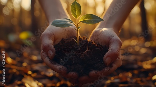 Hands cradling plant seedling with soil against blurred forest backdrop, featuring golden sunlight and bokeh effects, symbolizing environmental conservation and growth. photo