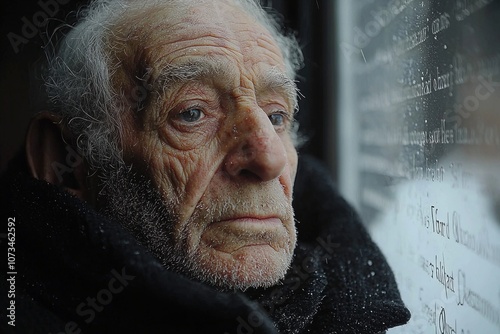 person stands quietly memorial wall head bowed reflection hand lightly touching engraved names Holocaust victims soft natural light. photo