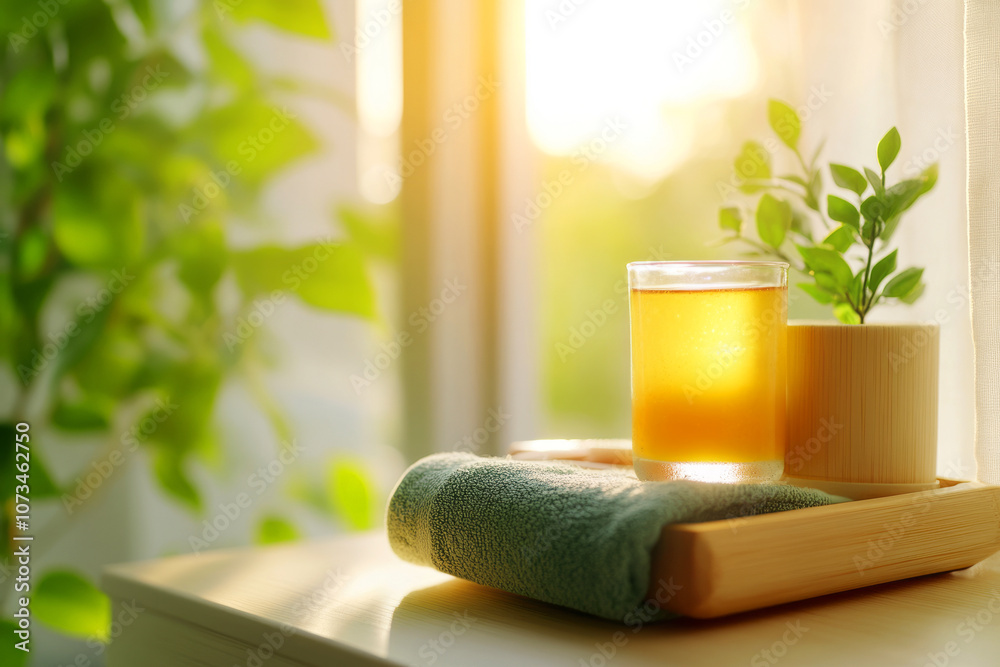 Peaceful Morning Scene with Glass of Herbal Tea, Soft Towel, and Green Plant on Wooden Tray by Sunlit Window in Cozy Room with Natural Decor Peaceful Morning Scene with Glass of Herbal Tea, Soft Towel, and Green Plant on Wooden Tray by Sunlit Window in Cozy Room with Natural Decor