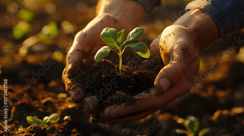 Hands cradling plant seedling with soil against blurred forest backdrop, featuring golden sunlight and bokeh effects, symbolizing environmental conservation and growth. photo