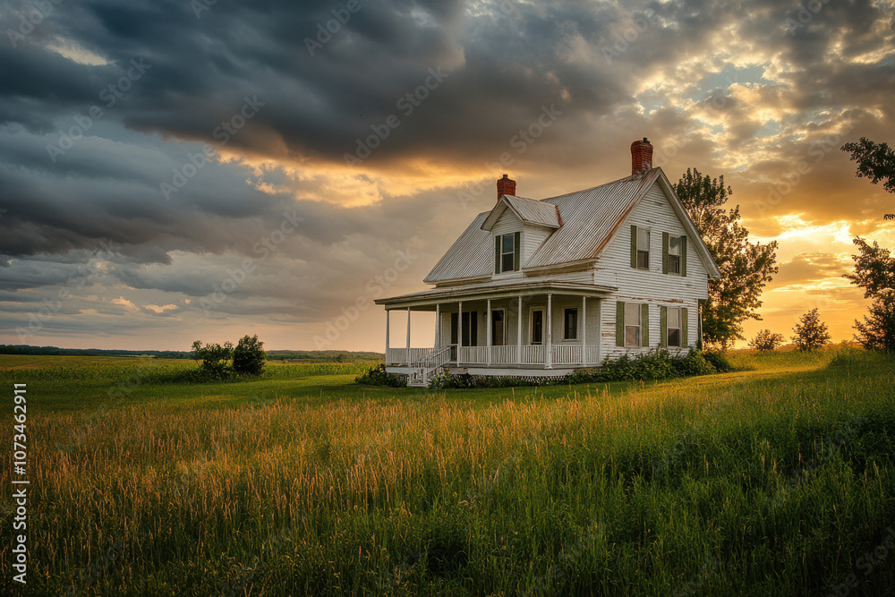 A rustic farmhouse in a field, bathed in the golden glow of sunset with dramatic clouds overhead, capturing a serene and nostalgic rural scene. A rustic farmhouse in a field, bathed in the golden glow of sunset with dramatic clouds overhead, capturing a serene and nostalgic rural scene.