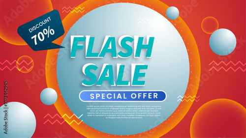 Colorful Flash Sale Banner with 70 Percent Discount Offer. Features colorful geometric shapes and bold text, perfect for attracting customers to special deals