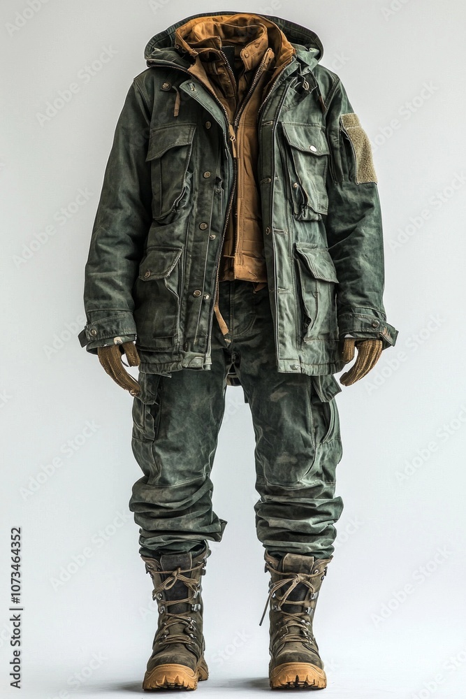 military style outfit showcased mannequin consisting olive green jacket epaulets cargo pants and sturdy lace up boots highlighting utilitarian design. military style outfit showcased mannequin consisting olive green jacket epaulets cargo pants and sturdy lace up boots highlighting utilitarian design.