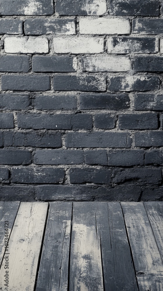 A textured gray brick wall with a wooden floor, creating a rustic backdrop for various uses. A textured gray brick wall with a wooden floor, creating a rustic backdrop for various uses.