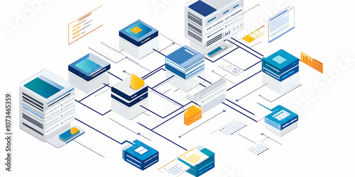 Data flow block diagram for database management, visualizing tech processes. High Quality Image