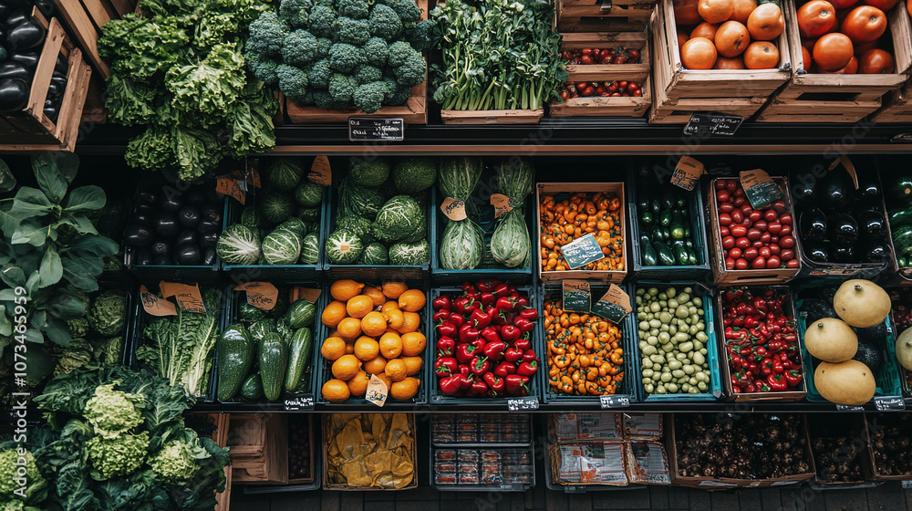 An overhead shot of a beautifully arranged produce section in a grocery store An overhead shot of a beautifully arranged produce section in a grocery store