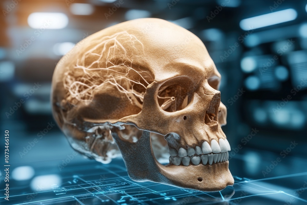 3D Hologram of Human Skull Anatomy, Detailed Visual Representation of the Skeletal Structure, Anatomy Hologram Science and Technology