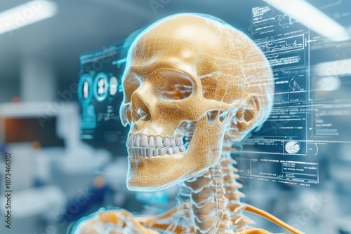 Obraz na płótnie 3D Holographic Human Skeleton Anatomy Model, Interactive Learning Tool for Medical Students, Healthcare Professionals, and Educators Detailed Digital Representation of the Human Body's Skeletal w salonie