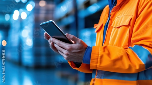Worker in High-Visibility Jacket Using Smartphone in Warehouse Environment for Inventory Management and Communication in Industrial Setting