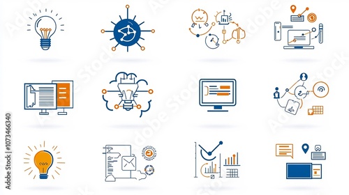 Comprehensive set of business icons with symbols for workflow productivity decision making and scheduling Editable stroke outline design perfect for use in corporate management