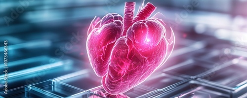 Obraz na płótnie 3D Holographic Human Heart Model for Anatomy and Medical Education, Visualize Complex Organ Details with Advanced Hologram Technology in Healthcare w salonie
