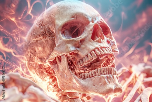 Obraz na płótnie 3D Holographic Visualization of Human Skeleton Anatomy, Detailed Representation of Bones, Joints, and Structure, Scientific Illustration of the Human Body w salonie