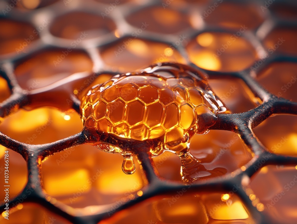 Artisan Honeycomb with Sunlit Texture A Stunning Display of Nature's Sweetness The Golden Honeycomb is a Natural Artisan Product, Pure and Raw, Captured in This Close-Up Image