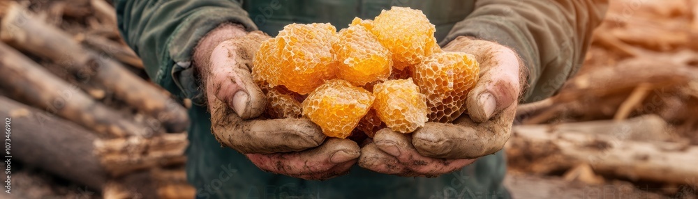 Beekeeper Handling Honeycomb Raw Texture of Beekeeping Harvest Wild, Natural, Closeup Fresh Insights and Methods for Optimal Honey Production and Care Techniques