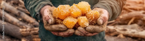 Obraz na płótnie Beekeeper Handling Honeycomb Raw Texture of Beekeeping Harvest Wild, Natural, Closeup Fresh Insights and Methods for Optimal Honey Production and Care Techniques w salonie