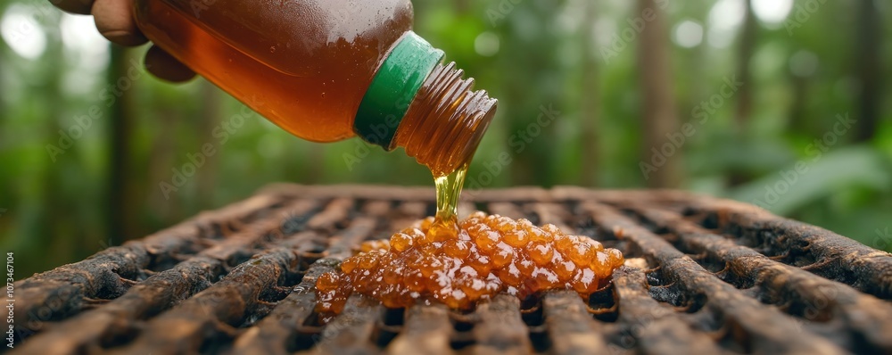 Beekeeper Pouring Thick Honey From Comb, Close Up of Honey Harvest Texture, Pure Wild Nectar, Raw Honeycomb, Golden Honey, Beekeeping, Honeycomb Harvest, Raw Honey, Honey Extraction, Natural Honey