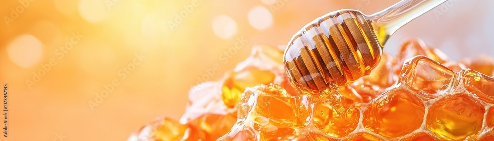 Close Up of Raw Honeycomb with a Wooden Honey Dipper, Freshly Harvested by a Beekeeper, Beekeeping Harvest