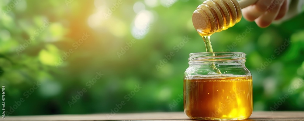Beekeeper Pouring Fresh Honey into Jar, Sunlit Harvest, Natural Texture, Raw Honey, Honeycomb Dripping, Golden Liquid, Beekeeping, Bee Farm, Honey Production, Honeycomb, Honey Dipper, Honeycomb