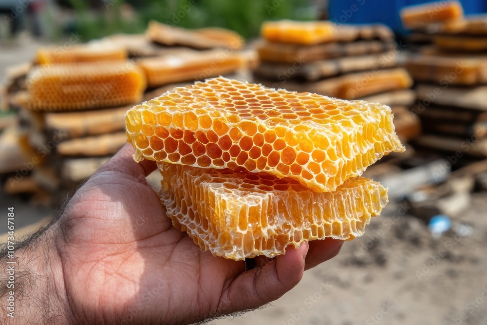 Beekeepers Hand Holding Freshly Harvested Honeycomb A Closeup Look into Beekeeping Harvest and the Raw Natural Texture of Honeycomb, Capturing the Essence of Beekeeping Artistry