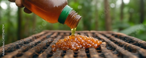 Obraz na płótnie Beekeeper Pouring Thick Honey From Comb, Close Up of Honey Harvest Texture, Pure Wild Nectar, Raw Honeycomb, Golden Honey, Beekeeping, Honeycomb Harvest, Raw Honey, Honey Extraction, Natural Honey w salonie
