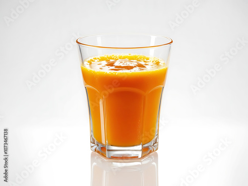 Fresh orange juice in clear glass on a white background.