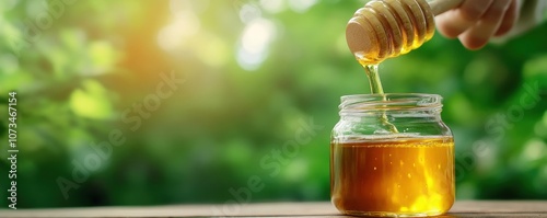 Obraz na płótnie Beekeeper Pouring Fresh Honey into Jar, Sunlit Harvest, Natural Texture, Raw Honey, Honeycomb Dripping, Golden Liquid, Beekeeping, Bee Farm, Honey Production, Honeycomb, Honey Dipper, Honeycomb w salonie