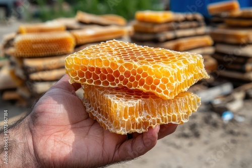 Obraz na płótnie Beekeepers Hand Holding Freshly Harvested Honeycomb A Closeup Look into Beekeeping Harvest and the Raw Natural Texture of Honeycomb, Capturing the Essence of Beekeeping Artistry w salonie