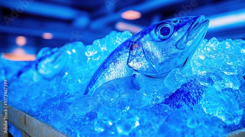 Fresh Fish on Ice Display in a Seafood Market with Vibrant Blue Lighting Creating an Inviting and Appealing Environment for Customers photo