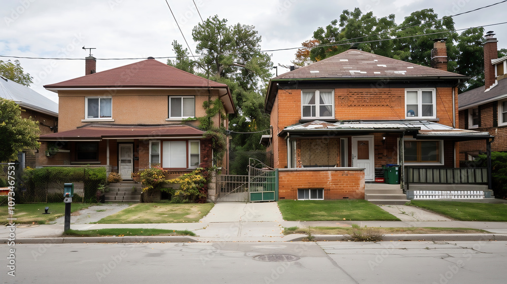 green suburban area with two houses with trees in background green suburban area with two houses with trees in background