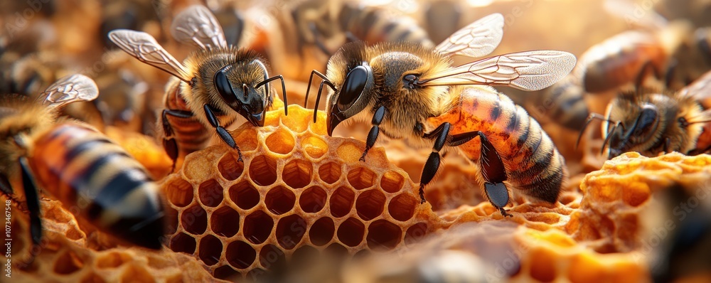 Closeup of Bees Working on Honeycomb, Beekeeping Harvest, Raw Honey, Rustic Beehive, Nature Photography, Honeycomb Texture, Golden Honey, Beekeeper's Hand, Honeycomb Cells, Honeybee Colony