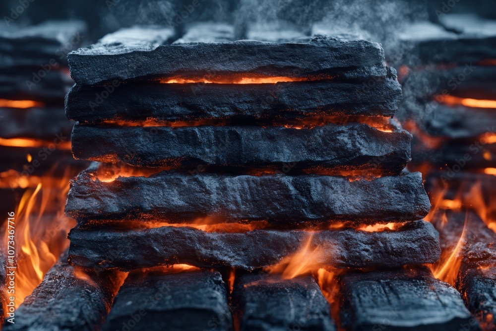 Close-Up of Glowing Charcoal Briquettes in a Hot Grill, Perfect for Grilling Smoky BBQ Wings with Crispy Texture and Delicious Grill Marks