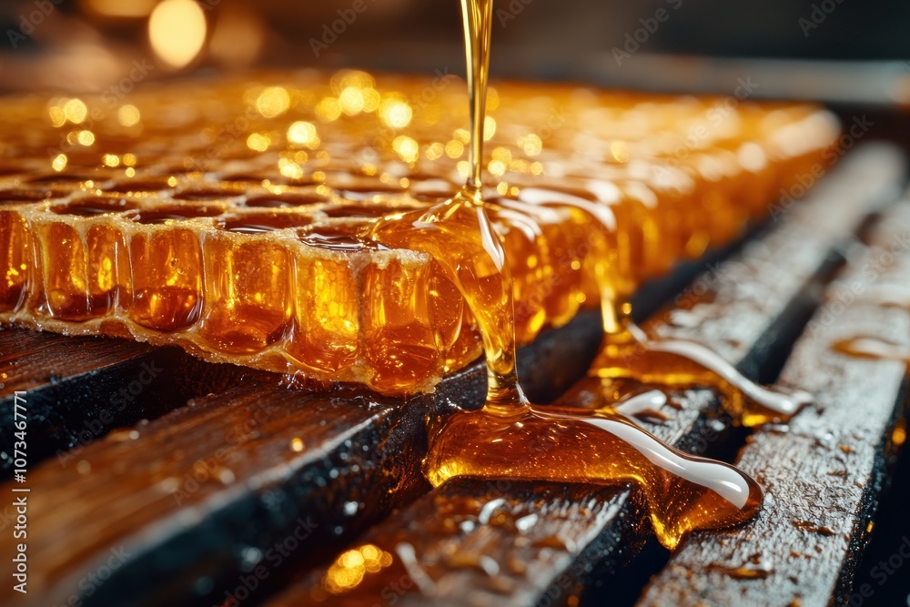 Close-Up of Honeycomb Dripping Golden Honey, Beekeeper Harvesting Raw Honey, Rustic Beekeeping Scene, Pure Natural Honeycomb