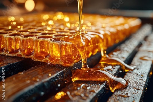 Obraz na płótnie Close-Up of Honeycomb Dripping Golden Honey, Beekeeper Harvesting Raw Honey, Rustic Beekeeping Scene, Pure Natural Honeycomb w salonie