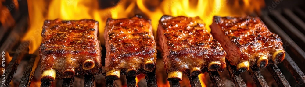 Close-Up of Sizzling BBQ Ribs on Charcoal Grill, Flames Licking the Meat, Crispy Texture, Smoky Flavor, Perfect Summer Grilling