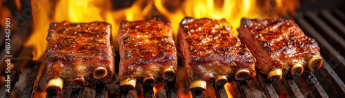 Obraz na płótnie Close-Up of Sizzling BBQ Ribs on Charcoal Grill, Flames Licking the Meat, Crispy Texture, Smoky Flavor, Perfect Summer Grilling w salonie