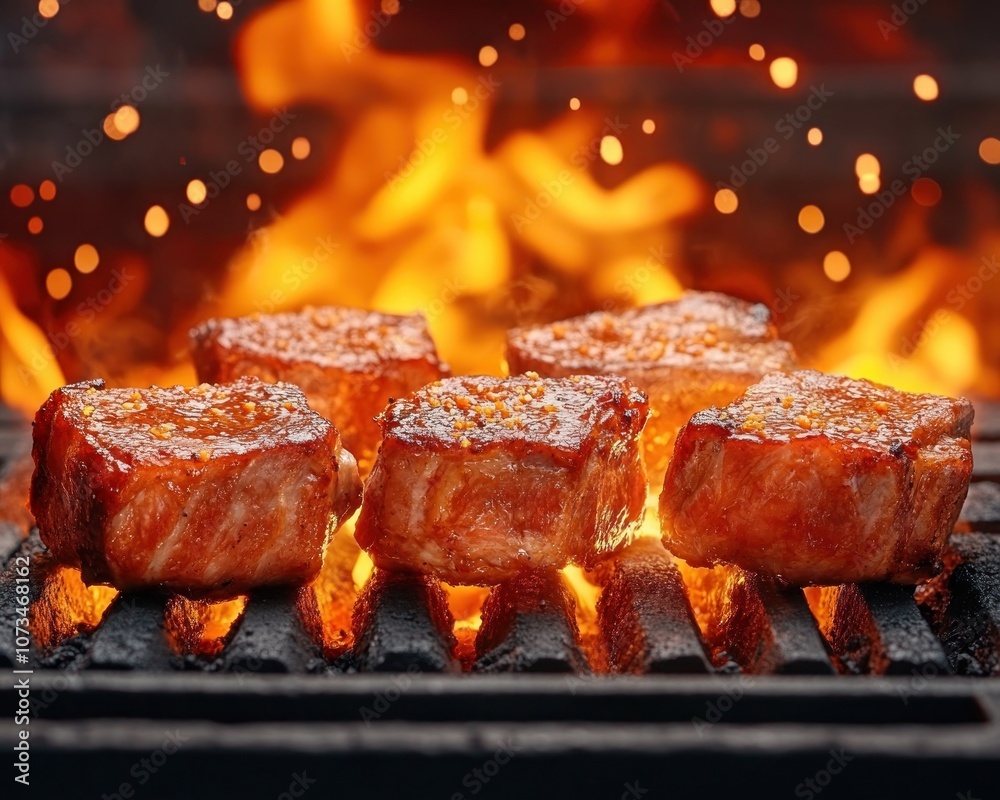 Delicious Charred BBQ Ribs with Smoky Flavor on Coals, Barbecue Charcoal Crispy Texture, Perfect for Summer Grilling