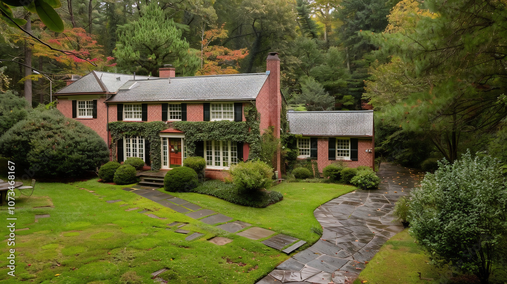 green suburban area with two houses with trees in background green suburban area with two houses with trees in background