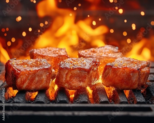 Obraz na płótnie Delicious Charred BBQ Ribs with Smoky Flavor on Coals, Barbecue Charcoal Crispy Texture, Perfect for Summer Grilling w salonie
