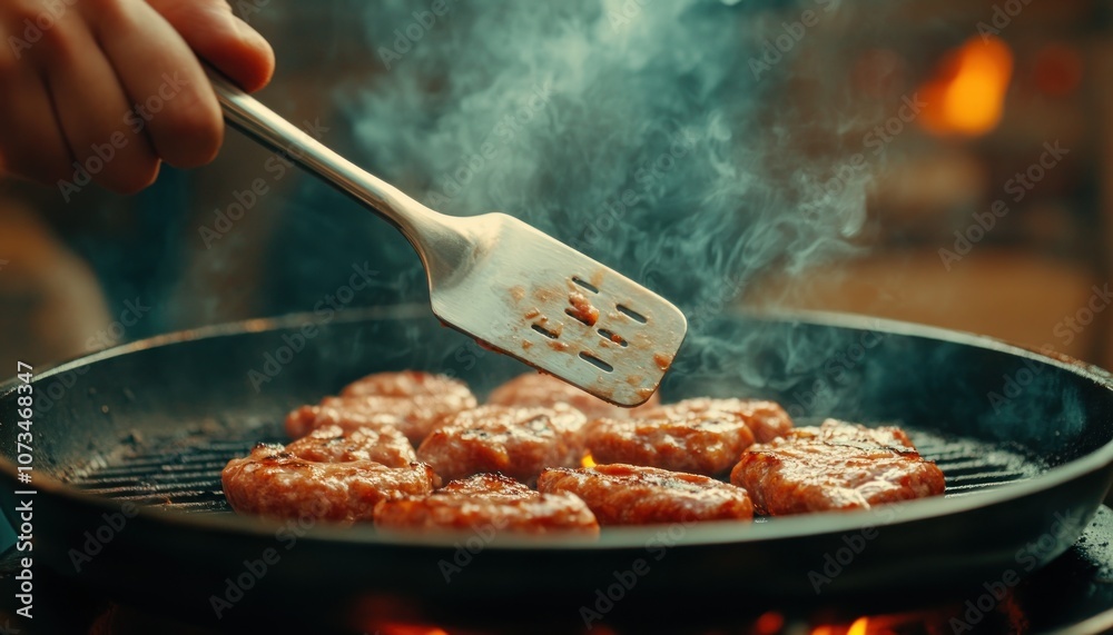 Delicious Grilled Sausages Chef Flipping Sausages with Spatula on BBQ, Perfect for Summer Barbecues, Grilling Tips and Techniques, Sausage Spatula Cooking, Grill Action, Mouthwatering Food Photography