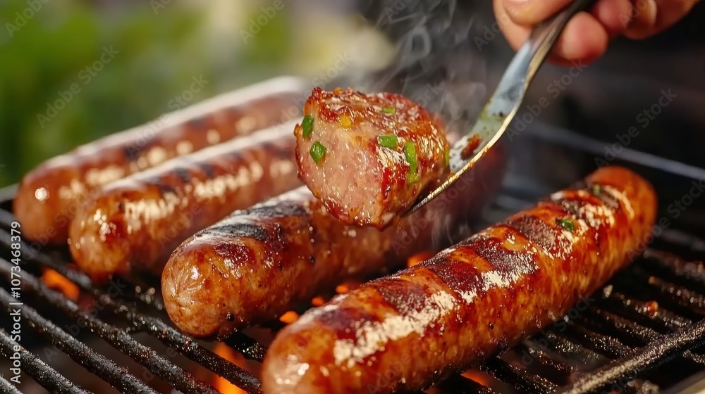 Delicious Grilled Sausages A Backyard BBQ Feast Watch as a spatula flips a juicy sausage on a hot grill, creating sizzling sounds and mouthwatering aromas This is the perfect summertime scene for a