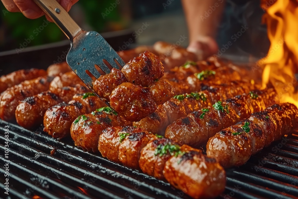 Delicious Grilled Sausage with a Chef's Touch, Perfect BBQ Grilling Technique with a Spatula, Sausage Spatula Cooking for an Amazing Meal
