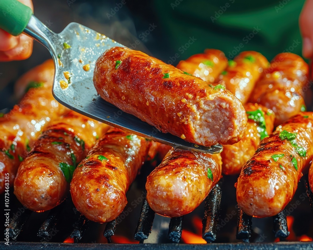 Delicious Grilled Sausages A Close-Up of Sizzling Sausage Links on a Hot Grill with a Spatula Ready to Flip BBQ Preparation and Cooking at Its Best Perfect for Summer Cookouts, Tailgates, or Backyard