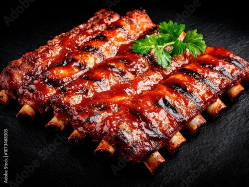 Obraz na płótnie Delicious Crispy Barbecue Ribs with Charred Edges, Perfectly Grilled with Smoky Flavor, Mouthwatering BBQ Ribs Recipe, Easy Quick w salonie