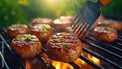 Delicious Grilled Sausage Sizzling on the BBQ, Perfect for Summer Cookouts and Backyard Parties, Enjoy the Taste of Freshly Grilled Sausage with a Side of Your Favorite BBQ Sauce, Sizzling Sausage